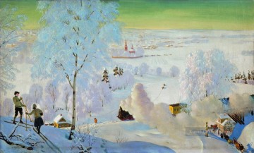 Landschaft im Schnee Werke - Skifahrer 1919 Boris Mikhailovich Kustodiev Schneelandschaft
